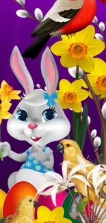 Cute bunny and birds with flowers on purple background wallpaper.