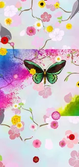 Vibrant butterfly and floral spring wallpaper with colorful background.