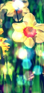 Vibrant daffodil flowers with colorful bokeh.