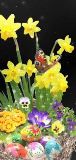 Vibrant spring display with flowers and Easter eggs.