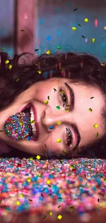 Joyful woman with colorful sprinkles in a vibrant mobile wallpaper.