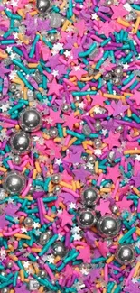 Colorful sprinkle mobile wallpaper with pink, teal, and silver accents.