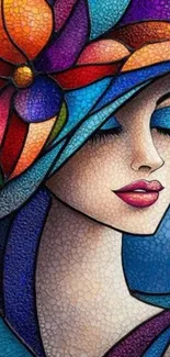 Colorful stained glass art of a serene woman with floral hat.