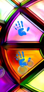 Colorful stained glass with blue handprints and bubbles.