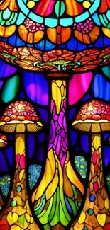 Colorful stained glass mushrooms illuminated in purple and vibrant hues.