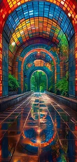 Colorful stained glass tunnel reflecting vibrant light.