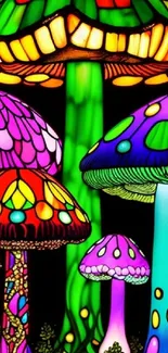 Vibrant stained glass style mushrooms with colorful designs.