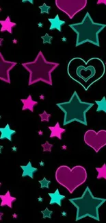 Vibrant stars and hearts wallpaper on black.