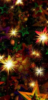 Mobile wallpaper with colorful stars and bursts against a black starry night background.