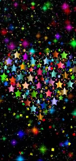 Heart of colorful stars on a black background.