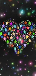 Colorful heart of stars on a dark background mobile wallpaper.