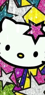 Vibrant Hello Kitty with colorful stars backdrop.