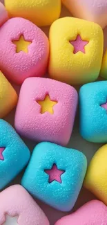 Colorful star-shaped marshmallows in pastel hues.