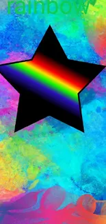 Colorful mobile wallpaper with a black star and rainbow gradient on abstract background.