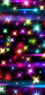 Mobile wallpaper with vibrant starbursts in neon colors on a black background.