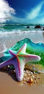 Colorful starfish and sea glass on a beach with ocean waves in the background.