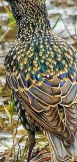 Starling bird with colorful feathers in a natural setting.