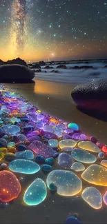 Colorful glowing stones on a starry beach night.