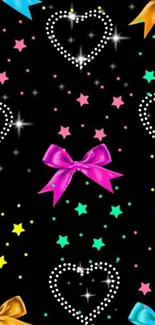 Colorful bows and stars mobile wallpaper with sparkling hearts on black.