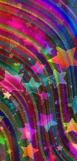 Vibrant starry wallpaper with holographic rainbow stars.