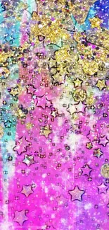 Vibrant, starry glitter mobile wallpaper in purple and gold hues.