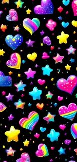 Colorful heart and star wallpaper with neon hues on a dark background.