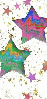 Colorful stars with gold sparkles on wallpaper.