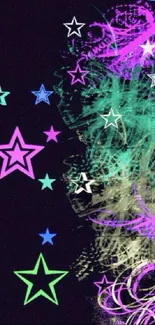 Vibrant wallpaper with neon stars on a black background.