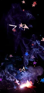 Mobile wallpaper with colorful smoke and stars on a dark background.