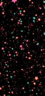 Vibrant wallpaper with colorful stars on a black background for mobile display.