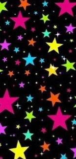 Vibrant colorful star wallpaper on black background.