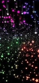 Vibrant mobile wallpaper with colorful glowing stars on a black background.