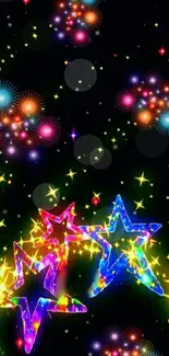 Colorful stars with bright fireworks against a black night sky mobile wallpaper.