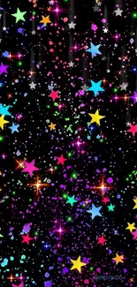 Colorful neon stars on a black background wallpaper for mobile phones.