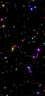 Mobile wallpaper with colorful stars on a black background.