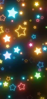 Colorful neon stars on a dark background for mobile wallpaper.