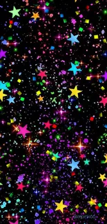 Vibrant stars on a black night sky wallpaper with colorful sparkles.