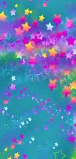 Vibrant teal wallpaper with colorful stars and bright designs.