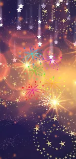 Colorful stars and fireworks in night sky wallpaper.