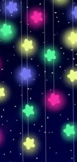 Vibrant starry night wallpaper with neon flower lights.