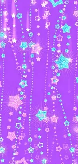 Purple starry wallpaper with teal and pink stars.