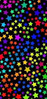 Vibrant wallpaper with colorful stars on a black background for mobile phones.