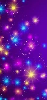 Colorful starry night wallpaper with vibrant purple, blue, and yellow lights.