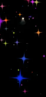 Colorful starry night mobile wallpaper with multicolored stars on black background.