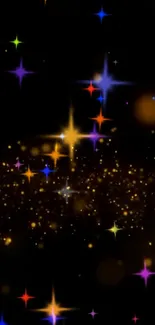 Colorful stars on a black background creating a cosmic night sky wallpaper.