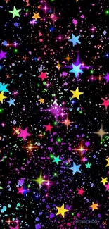 Vibrant mobile wallpaper with colorful stars on a black background.