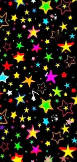 Vibrant wallpaper with colorful stars on a black background.