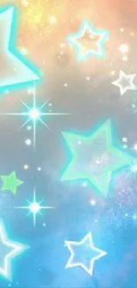 Colorful wallpaper with glowing stars against a dreamy blue night sky.