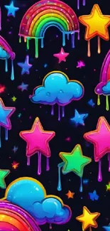 Colorful clouds, stars, and rainbows on a dark background wallpaper.