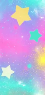 Colorful wallpaper with stars on a cyan background.